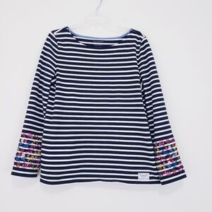 Talbots Navy Blue White Striped Embroidery Floral Sleeve Size Large Preppy Class